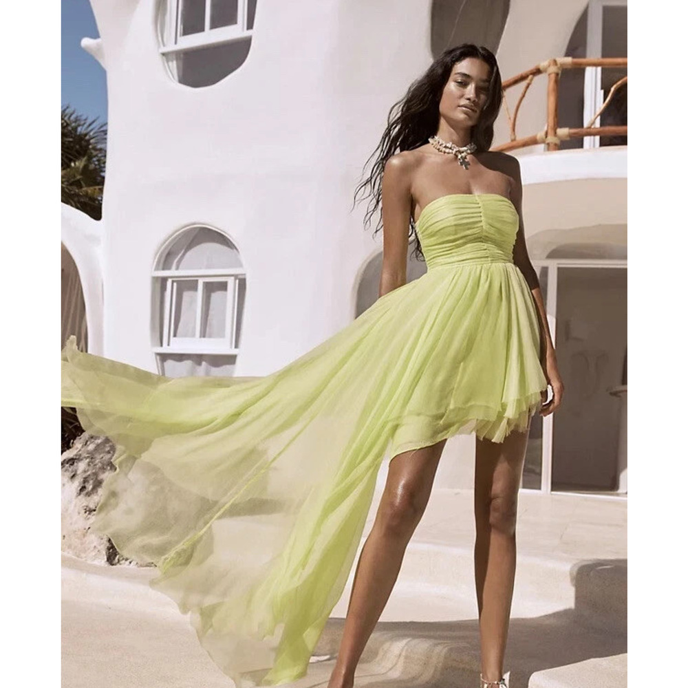 Free People One Party Key Lime Osiris Asymmetric Ruched Strapless Mini Dress L